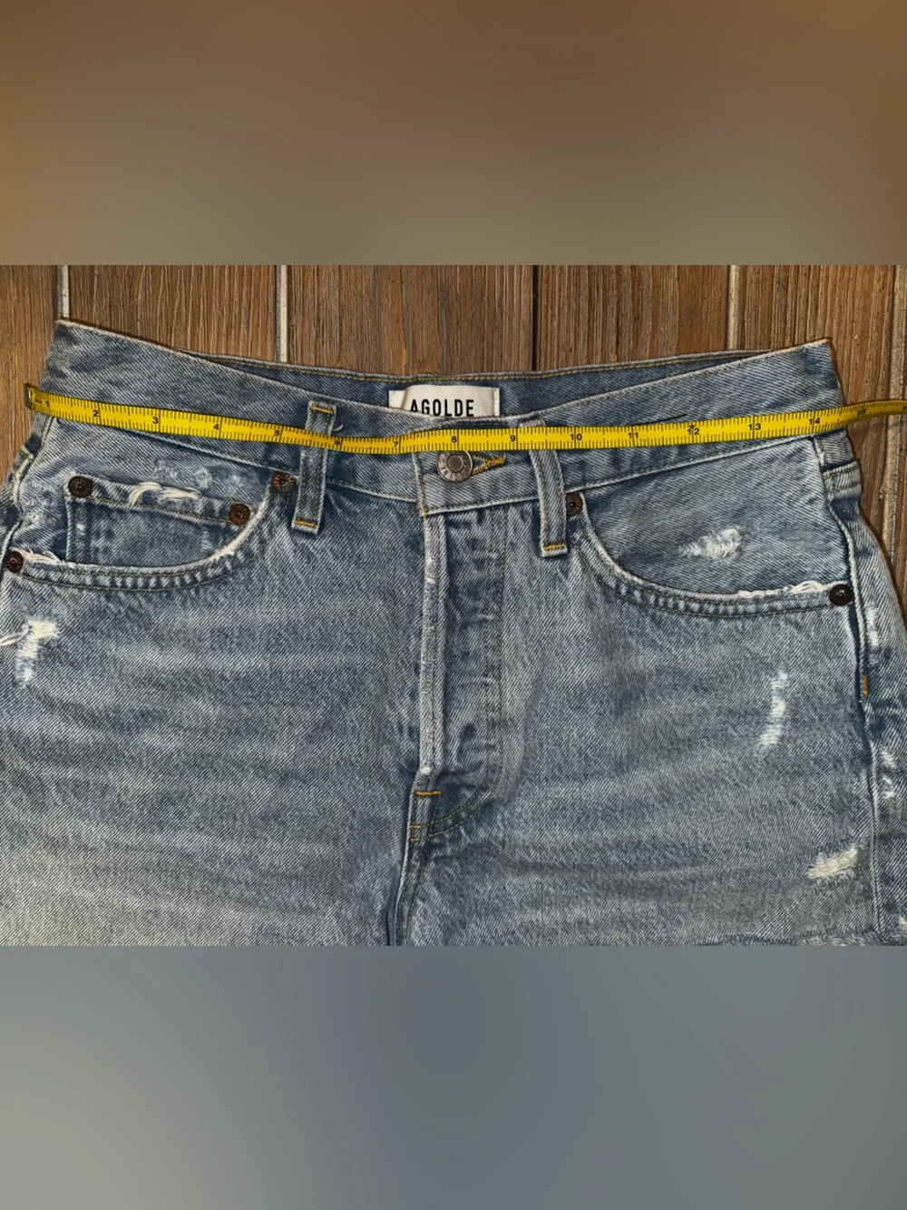 Agolde Parker Long high-Rise Light Blue distressed Denim Shorts